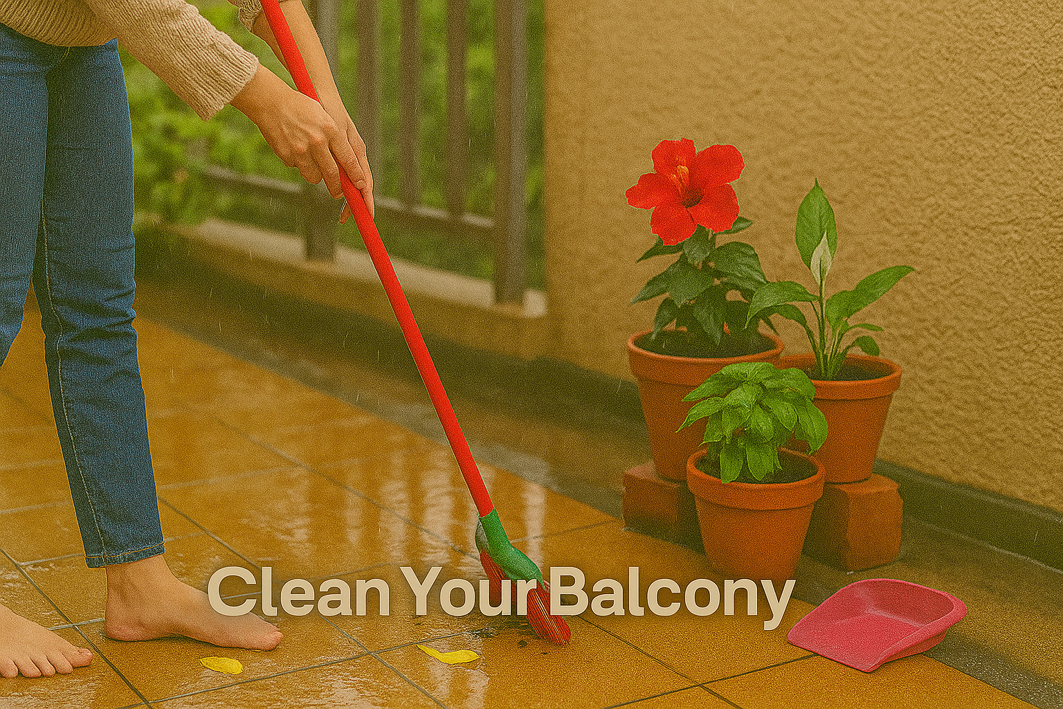 Cleaning balcony during monsoon – person sweeping wet tiled floor near terracotta potted hibiscus, peace lily, and basil after heavy rain